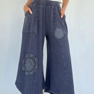Easel Navy Wide-Leg Crocheted Patch Pants NWT